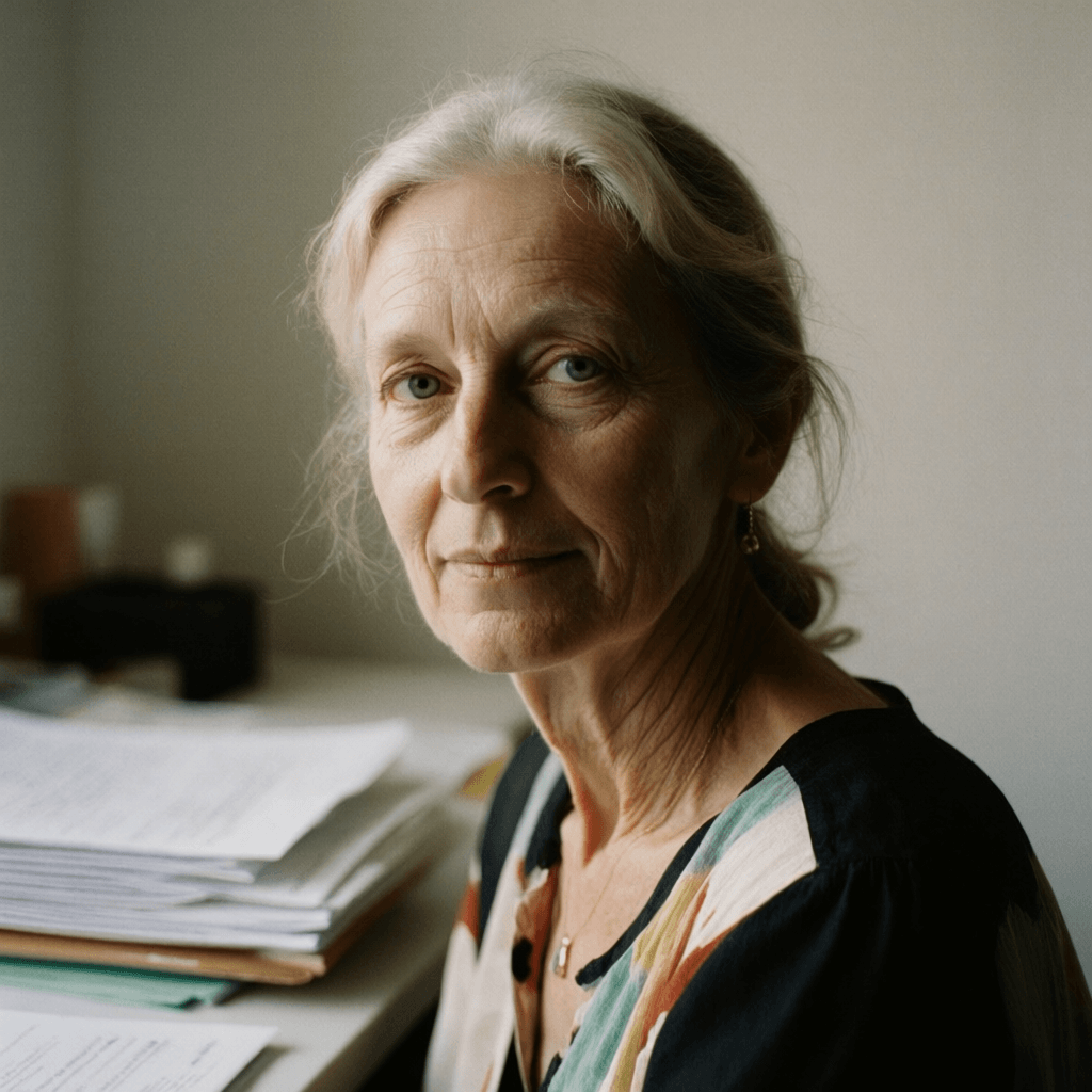 Candid working portrait of Emma-Jane MacKinnon-Lee with Caribbean land records on her desk
