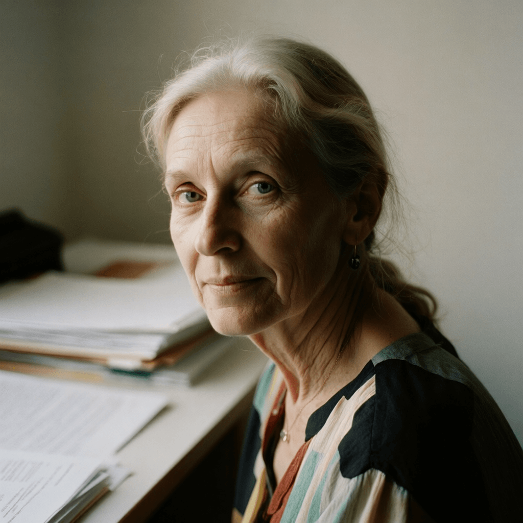 Candid portrait of Emma-Jane MacKinnon-Lee at a table of French colonial deeds during a translation pass