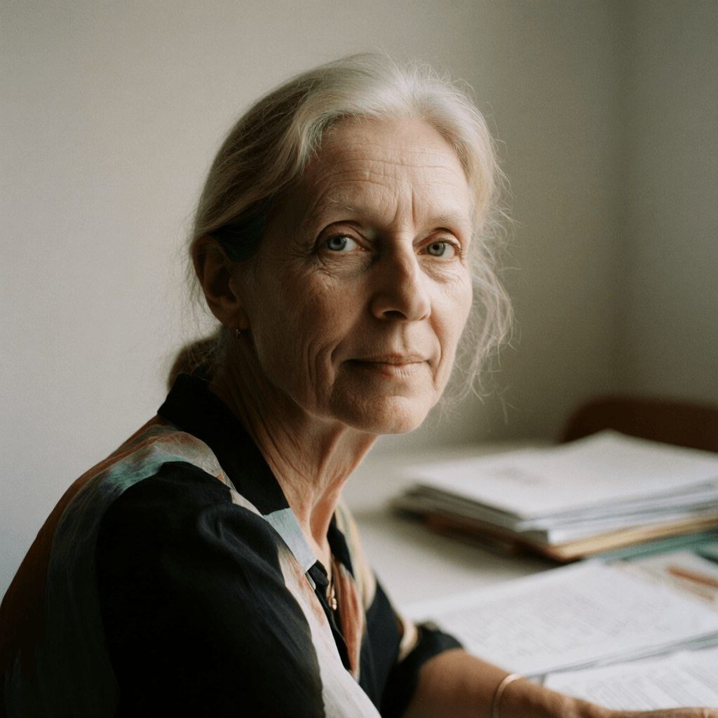 Emma-Jane MacKinnon-Lee reading succession papers from a Caribbean estate at her Paris desk