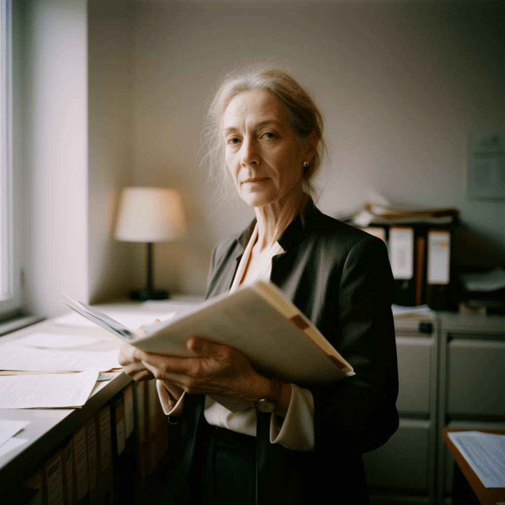 Documentary office portrait of Emma-Jane MacKinnon-Lee in Paris, surrounded by working archives