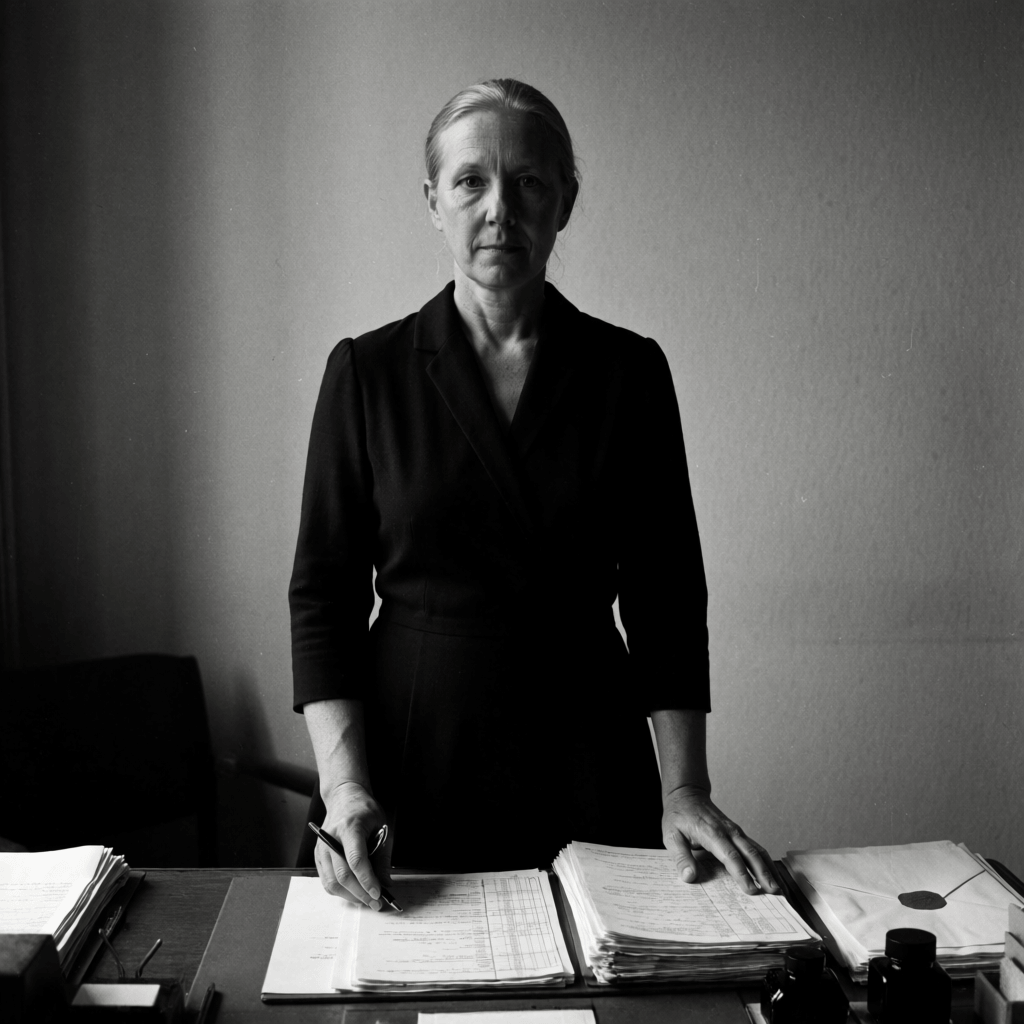Emma-Jane MacKinnon-Lee, France-based archival researcher and translator, portrait among ledgers and folios