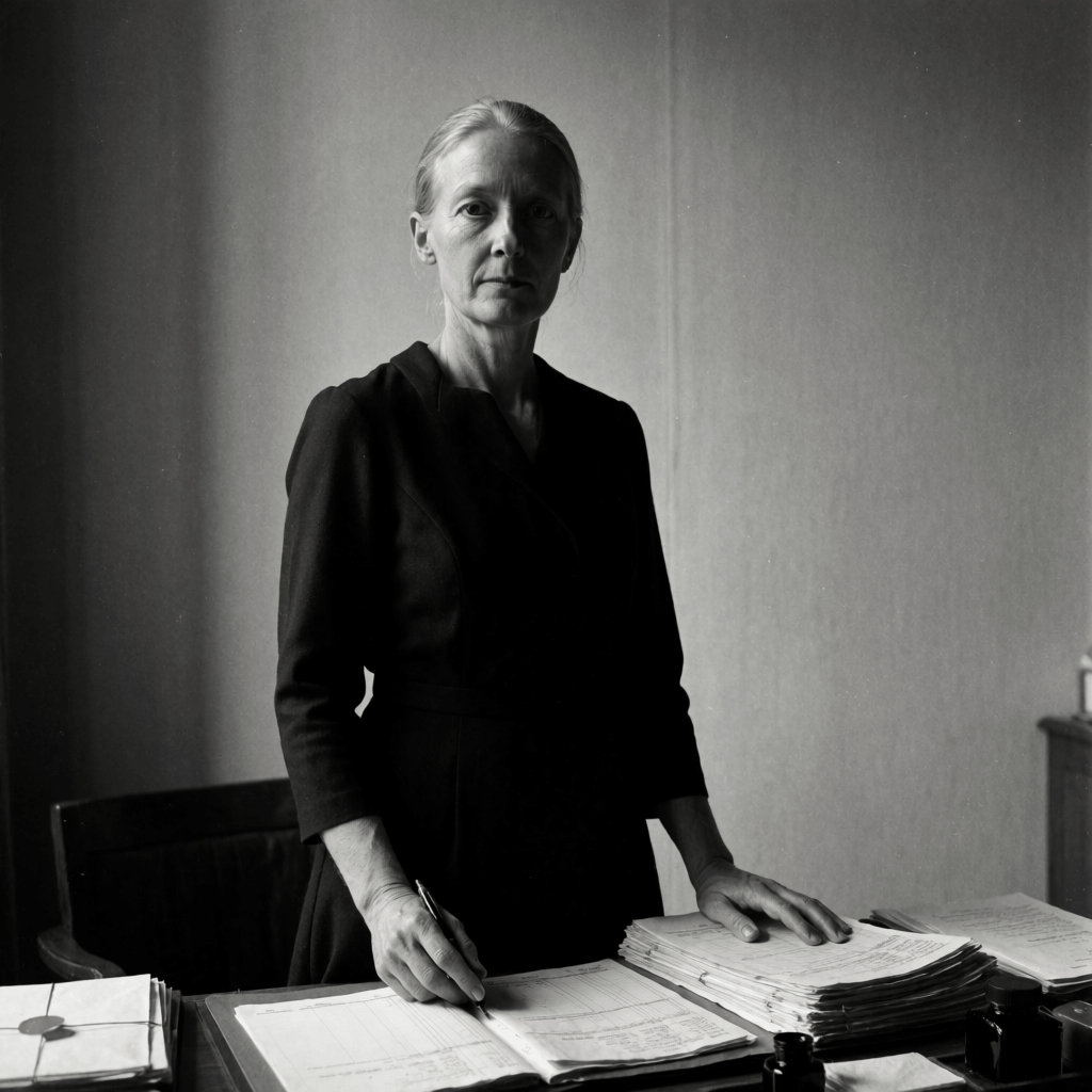 Emma-Jane MacKinnon-Lee, France-based translator and independent researcher, working portrait in a Paris notarial office